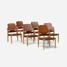 Carl-Axel Acking, chairs, set of six, c. 1950, beech, beech plywood, mahogany