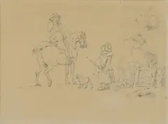 Untitled by Thomas Rowlandson, A gentleman on horseback conversing with a very stout woman and her dog pencil 12 x 16cm, sold Nov 2020