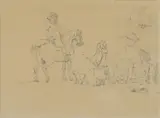 Thomas Rowlandson, Untitled, A gentleman on horseback conversing with a very stout woman and her dog pencil 12 x 16cm