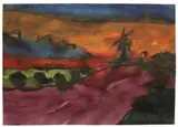 Emil Nolde, Landschaft mit Windmühle, Um 1920, Aquarell und Tuschpinsel auf Papier