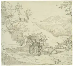 Franz Horny, Landschaft bei Olevano, Um 1822, Feder in Grau über Bleistift auf Velin