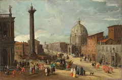 Joseph Heintz d. J., Capriccio der Piazza di Colonna Trajana mit S. Maria di Loreto und der Biblioteca Marciana, Um 1625, Öl auf Leinwand