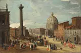 Joseph Heintz d. J., Capriccio der Piazza di Colonna Trajana mit S. Maria di Loreto und der Biblioteca Marciana, Um 1625, Öl auf Leinwand