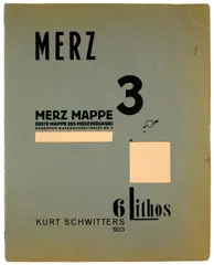 Kurt Schwitters, Merz 3 Merz Mappe. Erste Mappe des Merz Verlages, 1923, Original-Kartonmappe mit 1 Titelblatt und 6 Lithographien, davon 2 in Schwarz und jeweils eine in Grau, Dunkelblau, Orange und Braun, jeweils auf Papier