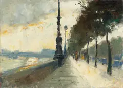 Lesser Ury, Waterloo-Bridge bei durchbrechender Sonne (Victoria Embankment), London, 1926, Öl auf Leinwand. Doubliert