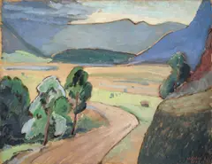 Landschaft by Gabriele Münter, 1935, Öl auf Pappe, sold Nov 2008