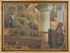 Sheep in the Barn by Jakub Obrovský, 1906, oil on cardboard, sold Mar 2024