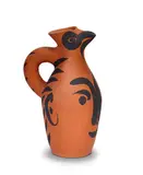 Yan face by Pablo Picasso, 1963, Turned pitcher of red earthenware clay, engobe decoration, sold Mar 2017