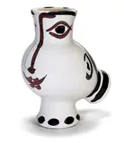 Pablo Picasso, Woman-faced wood-owl, 1952, Turned vase of white earthenware clay, decoration in oxides, knife engraved on white enamel