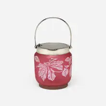 Thomas Webb & attribution Sons, Biscuit jar with flowering vines, c. 1895, acid-etched and wheel-carved cameo glass, silver plate