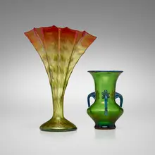 Vases, set of two by Rindskopf and Loetz, c. 1900, hand-blown iridized glass, sold Oct 2023