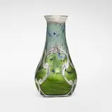 Loetz, Titania vase with overlay (Gre 2534), c. 1905, hand-blown and internally decorated glass, sterling silver