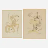 Two plates from Hommage à Quevedo by Salvador Dalí, 1975, drypoint etching with stencil in colors on Arches, drypoint etching with stencil in colors on Japon, sold Oct 2023
