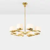 chandelier by Angelo Lelii, c. 1950, brass, frosted glass, enameled aluminum, sold Jan 2018