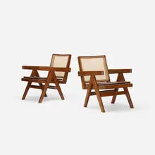 Pierre Jeanneret, Easy armchairs from Chandigarh, pair, c. 1955, lacquered teak, cane, upholstery