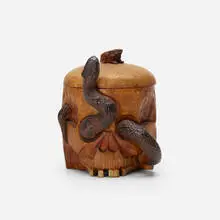 memento mori humidor by Folk Art, carved and stained maple, glass, sold Jan 2018
