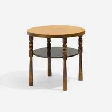 Ganddal Mobelfabrikk, occasional table, c. 1950, burled maple, stained maple