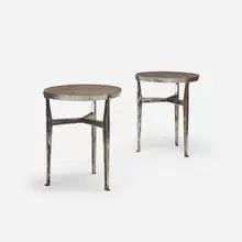 occasional tables, pair by Jacques Quinet, polished steel, sold Jan 2018