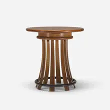 Toad Stool occasional table by Edward Wormley, c. 1964, stained and laminated oak, enameled steel, brass, sold Jan 2018