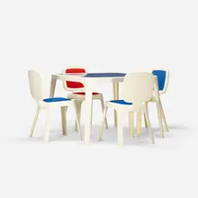Coast dining set by Marc Newson, 1995, molded plastic, wool upholstery, vinyl, sold Jan 2018