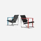 Yrjö Kukkapuro, Experiment lounge chairs, pair, 1982, chrome-plated steel, leather, lacquered wood, plastic