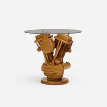 1970s, Motorcycle Engine table, carved and laminated maple, plywood, smoked glass