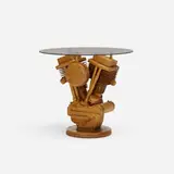 1970s, Motorcycle Engine table, carved and laminated maple, plywood, smoked glass