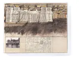 Christo, WRAPPED REICHSTAG (PROJECT FOR DER DEUTSCHE REICHSTAG), 1977, Collage mit Stoff, Bindfaden, Heftklammer, Fotografie, Papier, Farbkreide, Kohle und Bleistift auf Karton, fest auf Holz montiert und im originalen Acrylglasrahmen