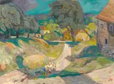 Otto Dix, Dorf mit Erntewagen – Landschaft, 1947, Öl auf Leinwand. Doubliert