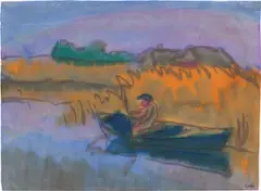 Emil Nolde, Landschaft mit einem Bauerngehöft und einem Mann im Boot, Um 1925, Aquarell und Tuschpinsel auf Japan