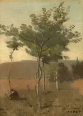 Jean-Baptiste Camille Corot, Bouquet d‘arbres, effet de crépuscule, Um 1845, Öl auf Leinwand. Doubliert
