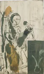 Ohne Titel (aus der Serie: Studien zur Göttlichen Komödie) by Neo Rauch, 1992, Öl auf Papier, collagiert, sold Dec 2021