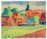 Max Pechstein, Blick auf Dorf mit Kirchturm (Leba), 1921, Aquarell über Kreide auf Papier