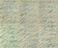 Roman Notes by Cy Twombly, 1970, Folge von 6 Farboffsetlithographien, jeweils auf leichtem Karton, mit Original-Acrylglas-Kasten, sold Nov 2009