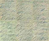 Cy Twombly, Roman Notes, 1970, Folge von 6 Farboffsetlithographien, jeweils auf leichtem Karton, mit Original-Acrylglas-Kasten