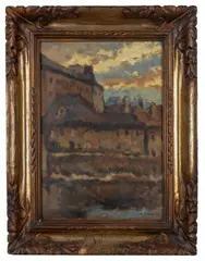 Houses Above River by Karel Boháček, Late 19th/early 20th century, oil on cardboard, sold Mar 2024