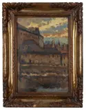 Karel Boháček, Houses Above River, Late 19th/early 20th century, oil on cardboard