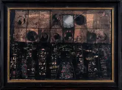 Jaroslav Paur, Moon Above the City, 1970s, mixed media, hardboard