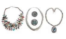Native American, Jewelry (9), Silver, turquoise, and precious stones