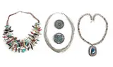 Native American, Jewelry (9), Silver, turquoise, and precious stones