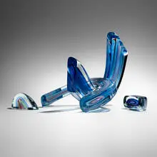 Blue Linked Forms by Harvey Littleton, 1989, cased, hot-worked, cut, and polished glass, sold Oct 2023