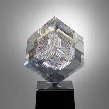 Jon Kuhn, Untitled (Large cube on stand), ground, polished, and laminated glass, stainless steel, painted wood, motorized base