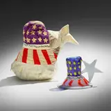 Richard Marquis, Stars and Stripes Cup with Container (Free Speech Cup), 1970, hand-blown glass, murrine, a canne, and incalmo techniques, embroidery and appliqué on velvet