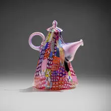 Patchwork Coffee Pot by Richard Marquis, 1979, hand-blown glass, murrine, sold Oct 2023