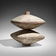 Claude Conover, Rare Totonac vessel, 1973, glazed stoneware with engobe decoration