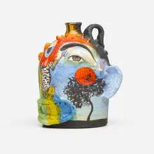 Anthropomorphic Jug Head (from the New World series) by Michael Lucero, c. 1992, glazed and hand-painted earthenware, sold Oct 2023