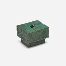 Rectangular form with fragmented top and circular impressions by Otto Natzler, 1977, earthenware with Turquoise Silver-Black Semi-Mat glaze, sold Oct 2023