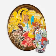 Head with Collage by Michael Lucero, glazed ceramic, mixed media and collage on found object, sold Oct 2023