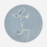 Jean Cocteau, Tête de chèvre-pied gravée sur bleu plate, 1958, white earthenware with engobe decoration