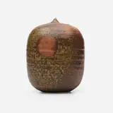 Untitled (with rattle) by Toshiko Takaezu, c. 1995, anagama-fired stoneware, sold Oct 2023